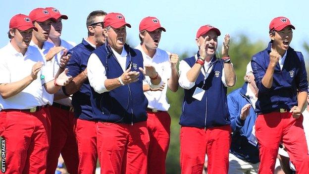 The USA team celebrate on day one at Southampton, NY