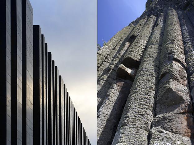 Picture of pillars on the Giants Causeway, next to picture of basalt pillars found in the Causeway itself