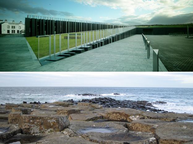 Picture of sloping walkway in centre; picture of coastline with shallow slope