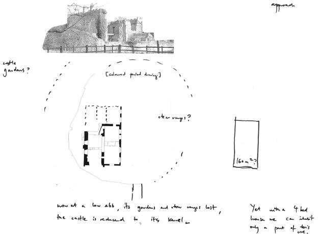 An old photograph of the ruins and sketch of the proposed house