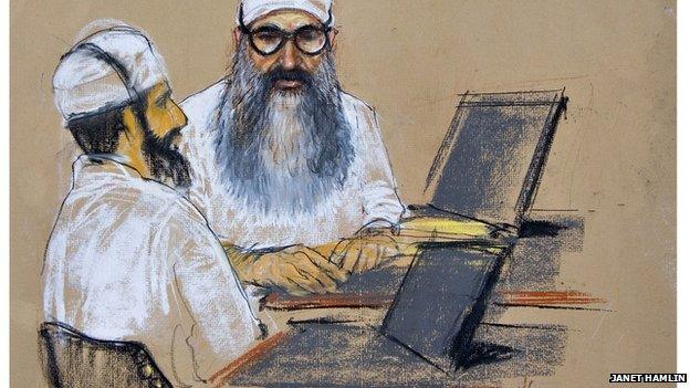 Illustration of Mohammed in the courtroom