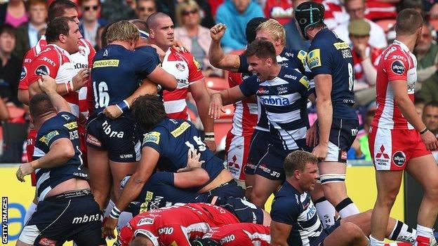 Sale celebrate victory at Gloucester