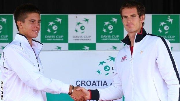 Andy Murray of Great Britain shakes hands with first day opponent Borna Coric of Croatia during previews ahead of the Davis Cup World Group play-off tie between Croatia and Great Britain