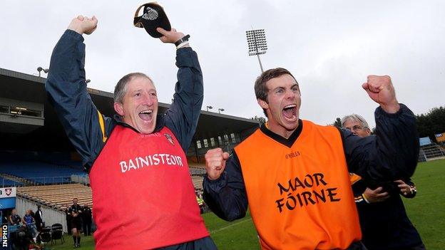 Manager Kevin Ryan and assistant boss Neil McManus celebrate after Antrim's shock semi-final win over Wexford