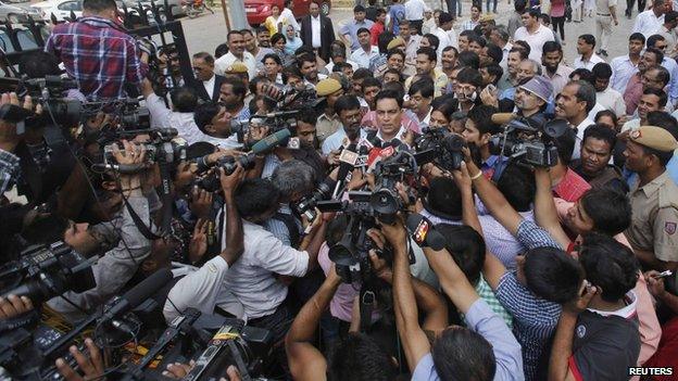 Defence lawyer A.P. Singh speaks with the media in New Delhi