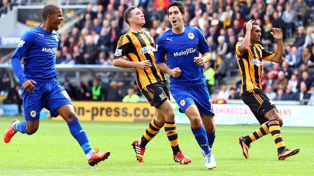 Cardiff midfielder Peter Whittingham (second right) celebrates scoring against Hull