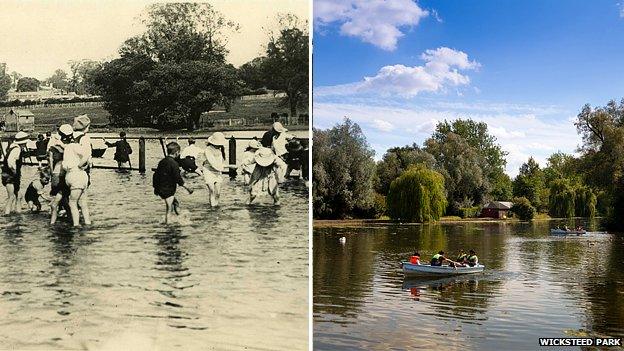 Wicksteed Park lake in the 1920s and today