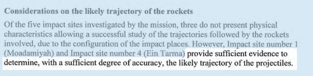 Of the five impact sites investigated by the Mission, three do not present physical characteristics allowing a successful study of the trajectories followed by the rockets involved, due to the configuration of the impact places. However, Impact site number 1 (Moadamiyah) and Impact site number 4 (Ein Tarma) PROVIDED SUFFICIENT EVIDENCE TO DETERMINE, WITH A SUFFICIENT DEGREE OF ACCURACY, THE LIKELY TRAJECTORY OF THE PROJECTILES.