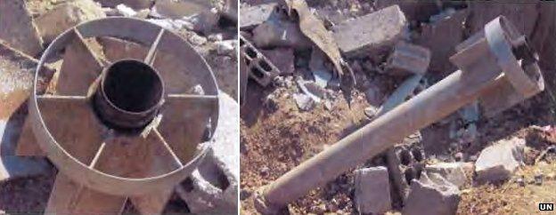 Images from the UN report of the rockets found in Ein Tarmar and Zamalka