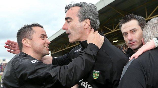 Maxi Curran (left) and Rory Gallagher (right) pictured with Donegal manager Jim McGuinness