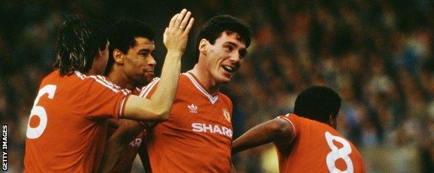 Manchester United celebrate after Frank Stapleton puts them ahead