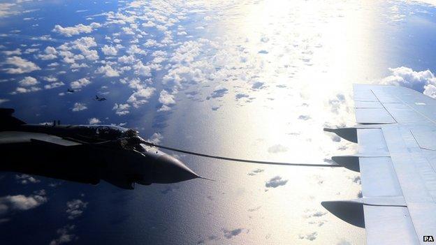 A RAF Tornado refuels for the last time from an RAF VC10 over the North Sea