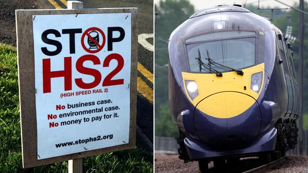 "stop HS2" sign; Hitachi Javelin train