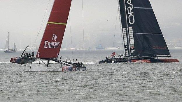 Team New Zealand (left) and Oracle Team USA