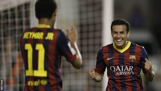 Barcelona's Pedro Rodriguez (right) celebrates his third goal with team-mate Neymar