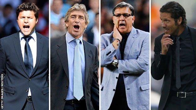 (left to right) Mauricio Pochettino, Gerardo Martino, Manuel Pellegrini and Diego Simeone