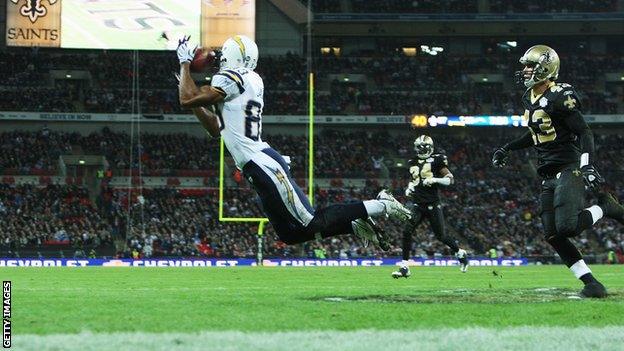 San Diego Chargers' Vincent Jackson catches for a touchdown during the Bridgestone International Series NFL match between San Diego Chargers and New Orleans Saints