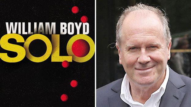 William Boyd beside Solo book jacket