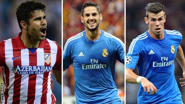 (left to right) Diego Costa, Isco and Gareth Bale