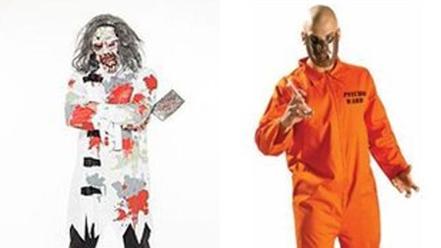 A "mental patient" costume and a "psycho ward" costume, of a man with an orange jumpsuit