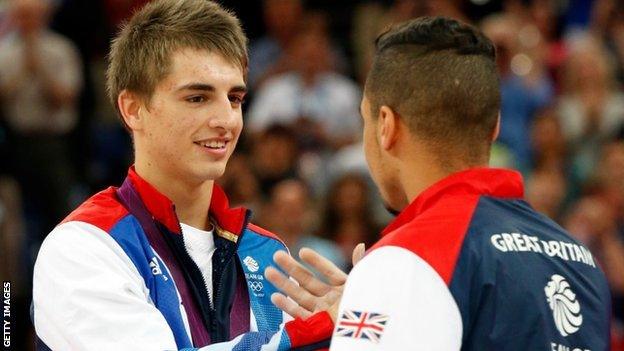 Max Whitlock (left) with Louis Smith on the podium at London 2012