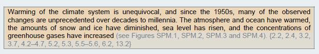 "Warming of the climate system is unequivocal, and since the 1950s, many of the observed changes are unprecedented over decades to millennia. The atmosphere and ocean have warmed, the amounts of snow and ice have diminished, sea level has risen, and the concentrations of greenhouse gases have increased."