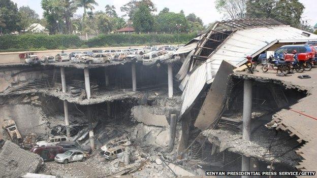 Remains of cars and other debris can be seen of the parking lot outside the Westgate Mall in Nairobi, Kenya - 26 September 2013