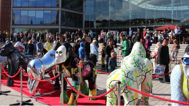 Gorilla statues outside Forum in Norwich