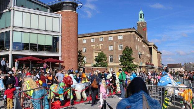 Gorilla statues outside Forum in Norwich