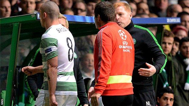 Celtic manager Neil Lennon questions why his captain Scott Brown was sent off