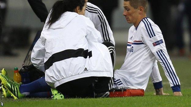 Fernando Torres receives treatment from the Chelsea medical staff in Bucharest