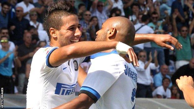 Inter Milan's Saphir Sliti Taider celebrates after scoring a goal against Sassouolo