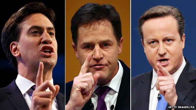 Leaders composite, L-R: Miliband, Clegg, Cameron