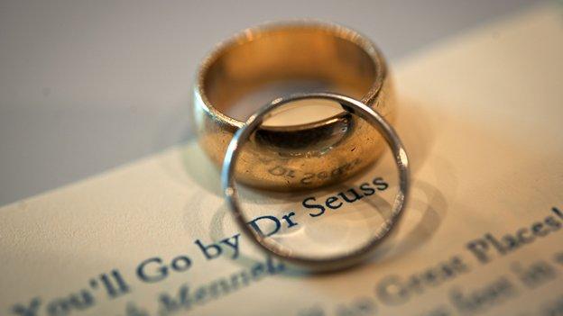 Wedding rings sitting on order of service with words "Dr Seuss" highlighted