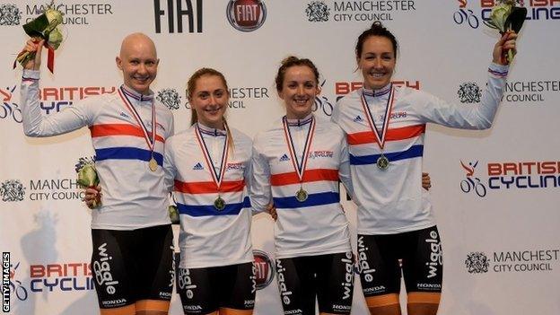 (l-r) Jo Rowsell, Laura Trott, Elinor Barker and Dani King after winning the 4km pursuit at British Track Championships