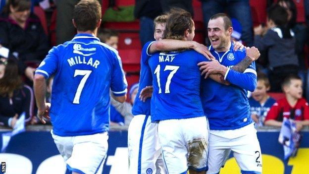 St Johnstone's Dave Mackay (right) celebrates with fellow goalscorer Stevie May.