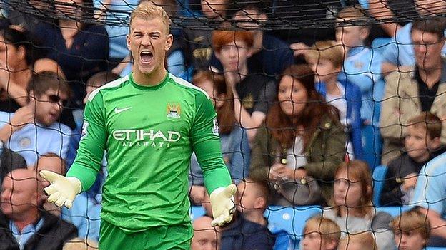 Manchester City's Joe Hart reacts angrily to Everton's goal