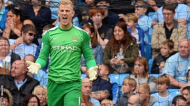 Manchester City's Joe Hart reacts angrily to Everton's goal