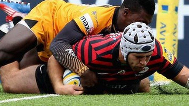 Will Fraser scores for Saracens against Wasps