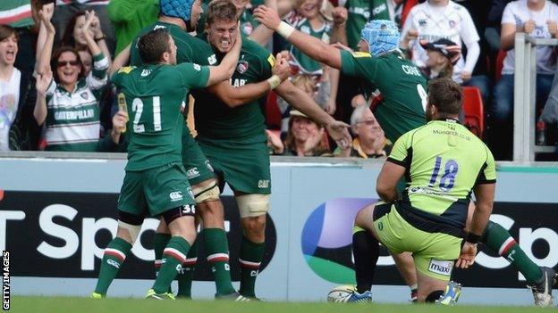 Ed Slater celebrates his try