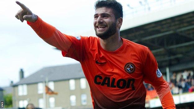 Nadir Ciftci celebrates his winner for Dundee United