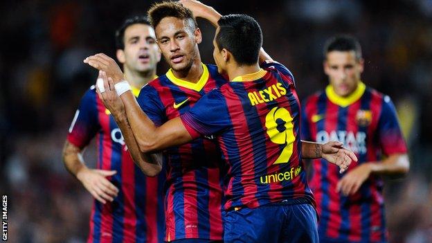 Alexis Sanchez (front|) celebrates a Barcelona goal with Neymar