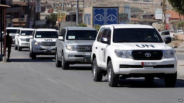 Cars with the team from the Organization for the Prohibition of Chemical Weapons in Syria.