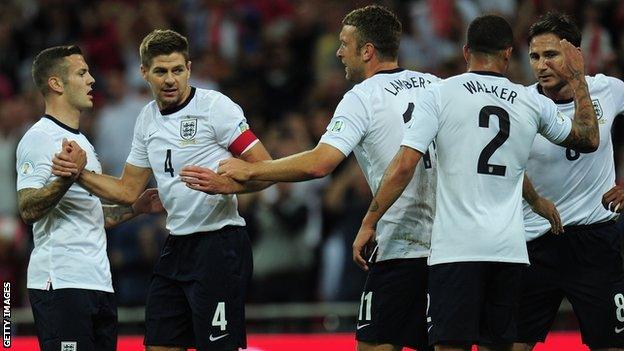 England players celebrate after a goal in a recent game against Moldova