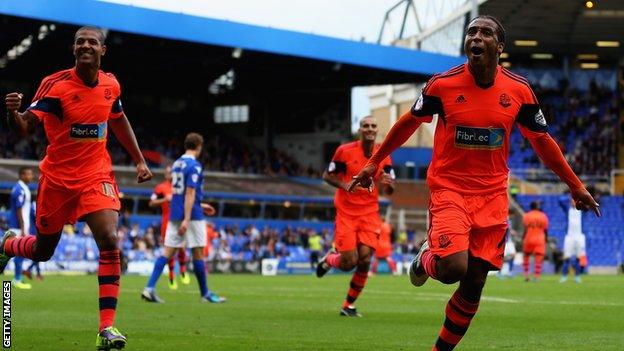 Jermaine Beckford and Neil Danns celebrate a Bolton Wanderers goal