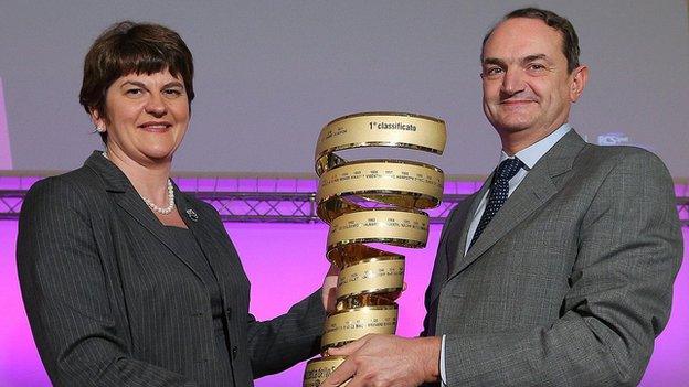 Northern Ireland Tourism Minister Arlene Foster with Riccardo Taranto, the chief executive of Giro d'Italia organisers RCS Sport