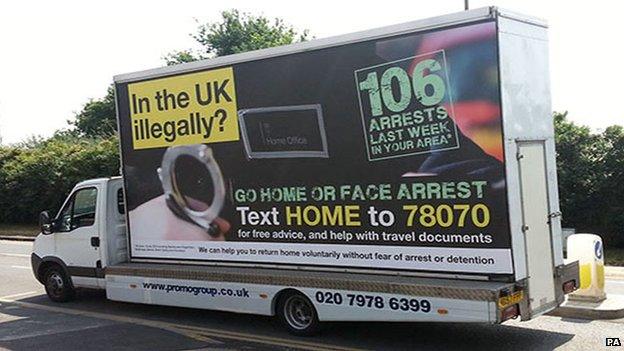 Home Office van bearing the slogan "In the UK illegally? Go home or face arrest"