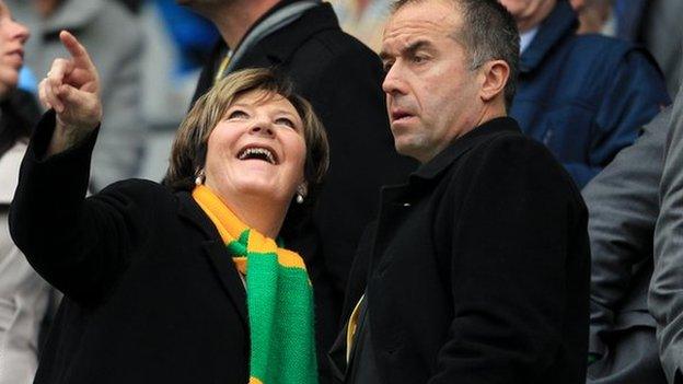 Norwich majority shareholder Delia Smith talks to chief executive David McNally