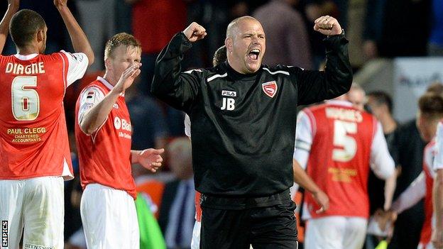 Morecambe manager Jim Bentley celebrates