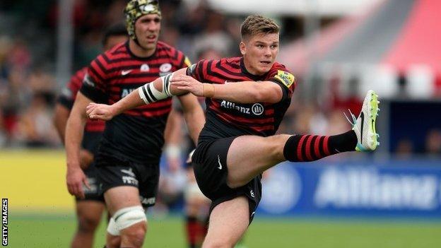 Owen Farrell and Kelly Brown of Saracens